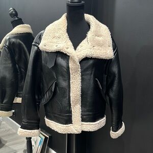 Women's Black and Cream Shearling Jacket bomber